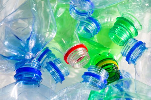 Close-up image of several crumpled plastic bottles with varied coloured caps including blue, green, red, and black. The bottles, made of clear PET plastic, display different degrees of compression and distortion, with some necks and caps prominently visible. The background reveals additional plastic bottles, hinting at a collection or accumulation, likely for waste disposal or recycling purposes, relevant to rubbish removal services. The lighting highlights the transparency and glossy texture of the plastic, emphasizing the diverse colours and the reflective surface areas. The scene suggests an environment where plastic waste is gathered, possibly outdoors or in a waste collection area, illustrating the type of refuse handled by rubbish removal companies such as Garden Clearance Kentish Town, serving local areas around the postcode and town context. All objects are focused centrally, with the arrangement creating a dense, layered composition of plastic waste materials.